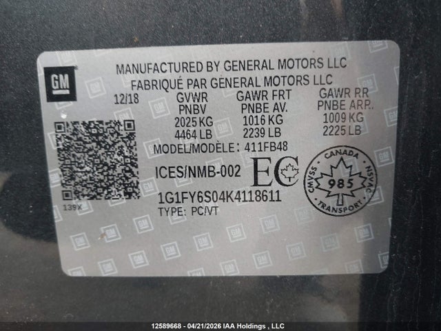 Продажа на аукционе авто 2019 Chevrolet Bolt Ev Lt, vin: 1G1FY6S04K4118611, номер лота: 12589668