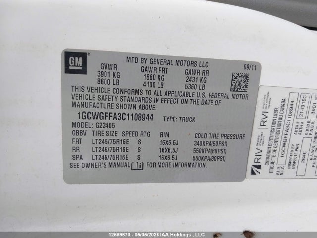 2012 Chevrolet Express 2500 მანქანა იყიდება აუქციონზე, vin: 1GCWGFFA3C1108944, აუქციონის ნომერი: 12589670