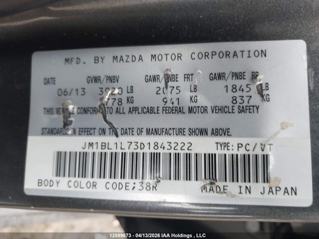 Aukcja sprzedaży 2013 Mazda 3 I, vin: JM1BL1L73D1843222, numer aukcji: 12589673