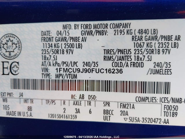 12589675 :رقم المزاد ، 1FMCU9J90FUC16236 vin ، 2015 Ford Escape Titanium مزاد بيع