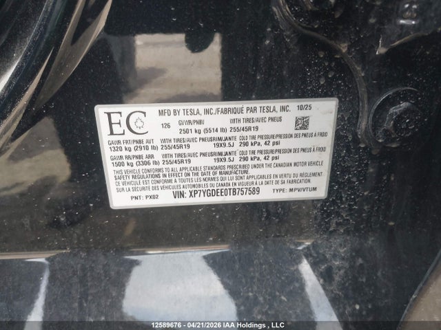 Aukcja sprzedaży 2026 Tesla Model Y, vin: XP7YGDEE0TB757589, numer aukcji: 12589676