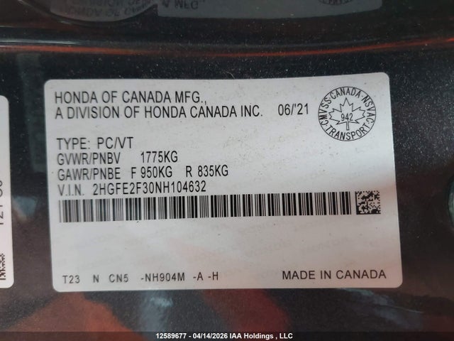 Aukcja sprzedaży 2022 Honda Civic Ex, vin: 2HGFE2F30NH104632, numer aukcji: 12589677