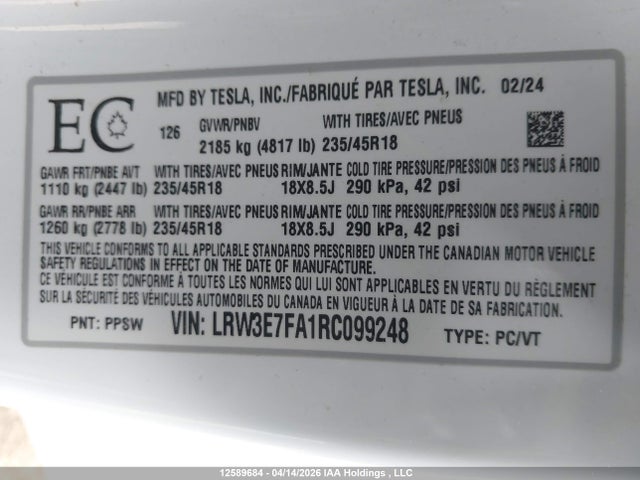 12589684 :رقم المزاد ، LRW3E7FA1RC099248 vin ، 2024 Tesla Model 3 Rwd مزاد بيع