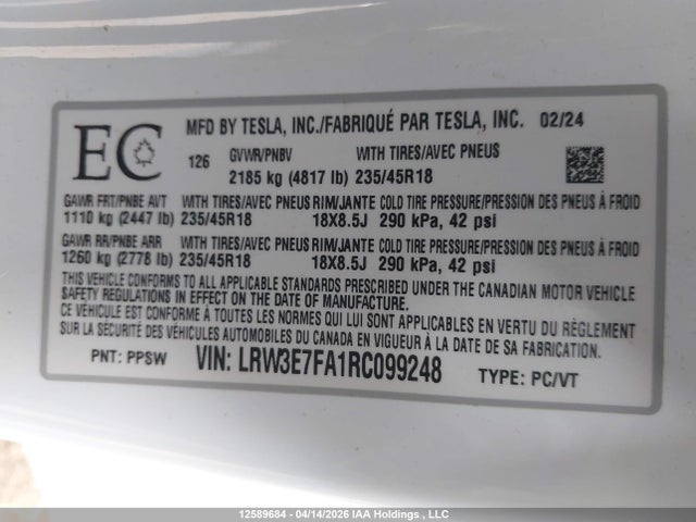 12589684 :رقم المزاد ، LRW3E7FA1RC099248 vin ، 2024 Tesla Model 3 Rwd مزاد بيع
