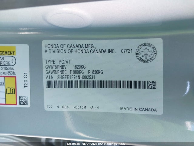 12589688 :رقم المزاد ، 2HGFE1F91NH002531 vin ، 2022 Honda Civic Touring مزاد بيع