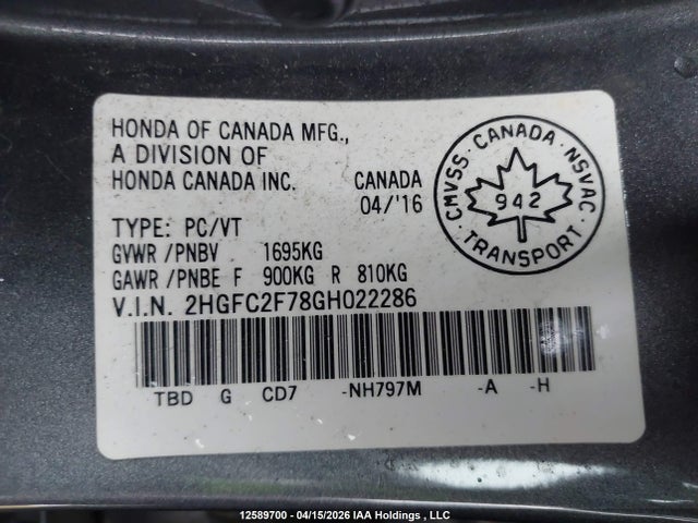 Продаж на аукціоні авто 2016 Honda Civic Ex, vin: 2HGFC2F78GH022286, номер лоту: 12589700