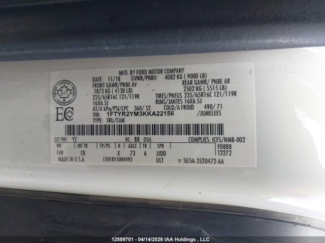 Продажа на аукционе авто 2019 Ford Transit-250, vin: 1FTYR2YM3KKA22156, номер лота: 12589701