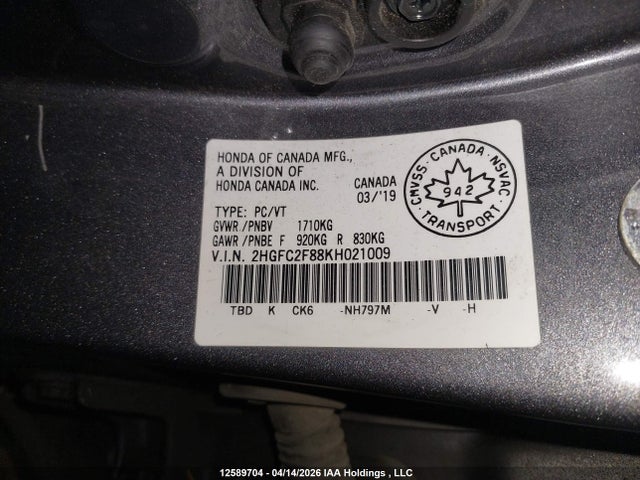 Aukcja sprzedaży 2019 Honda Civic Sport, vin: 2HGFC2F88KH021009, numer aukcji: 12589704