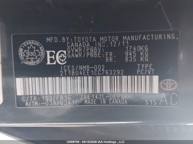 2012 Toyota Corolla S/le მანქანა იყიდება აუქციონზე, vin: 2T1BU4EE1CC763292, აუქციონის ნომერი: 12589705