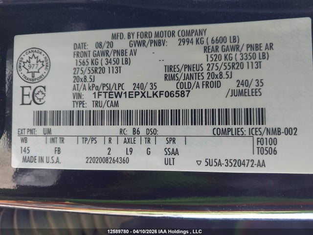 Продажа на аукционе авто 2020 Ford F150 Supercrew, vin: 1FTEW1EPXLKF06587, номер лота: 12589780