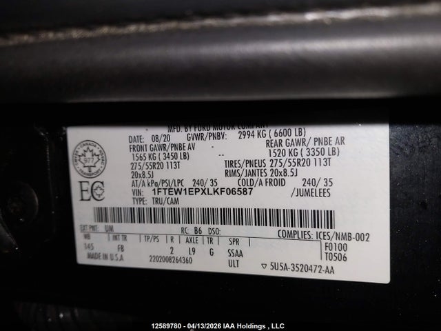 Продажа на аукционе авто 2020 Ford F150 Supercrew, vin: 1FTEW1EPXLKF06587, номер лота: 12589780