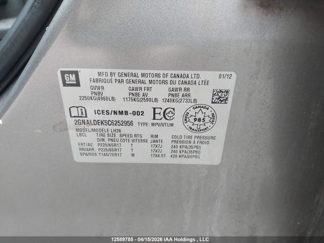 Продажа на аукционе авто 2012 Chevrolet Equinox Lt, vin: 2GNALDEK5C6252956, номер лота: 12589785