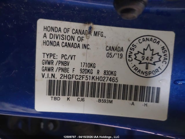 Aukcja sprzedaży 2019 Honda Civic Lx, vin: 2HGFC2F51KH027465, numer aukcji: 12589787
