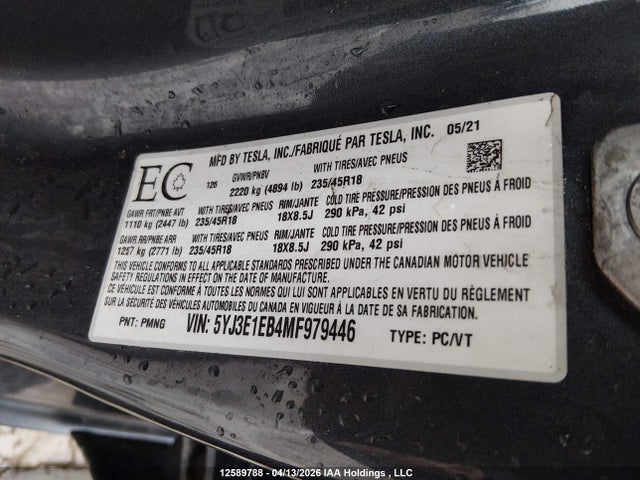 12589788 :رقم المزاد ، 5YJ3E1EB4MF979446 vin ، 2021 Tesla Model 3 Long Range مزاد بيع