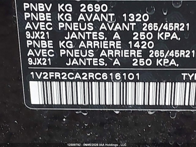 1V2FR2CA2RC616101 Volkswagen Atlas 2.0 Tsi Execline