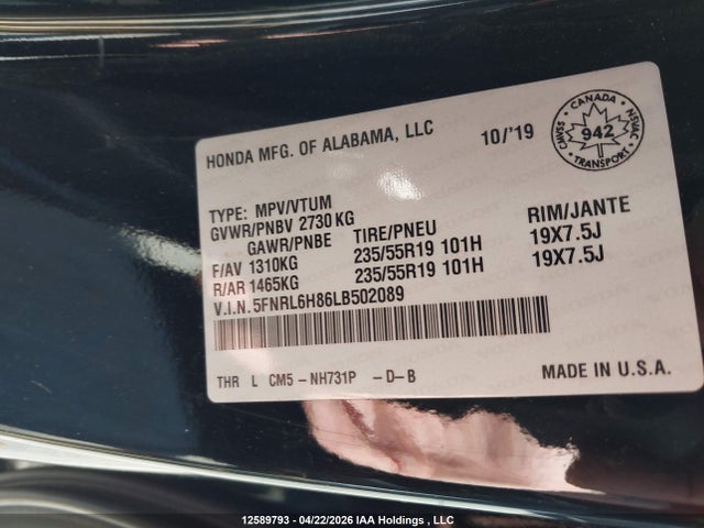 5FNRL6H86LB502089 Honda Odyssey