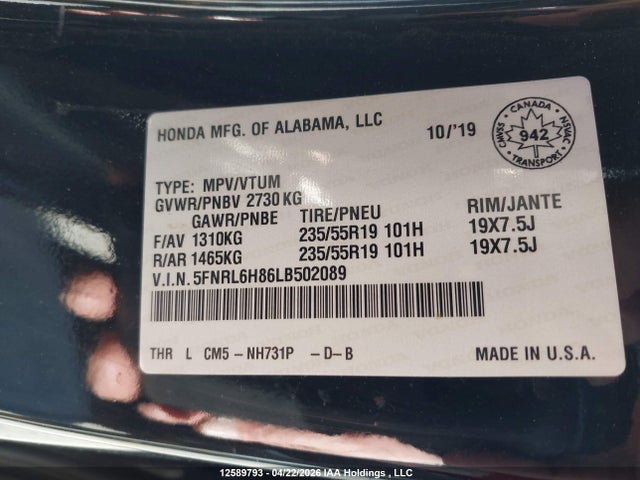 5FNRL6H86LB502089 Honda Odyssey