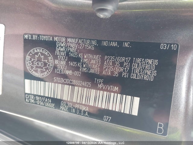 12589799 :رقم المزاد ، 5TDZK3DC2BS024825 vin ، 2011 Toyota Sienna V6 7 Passenger مزاد بيع