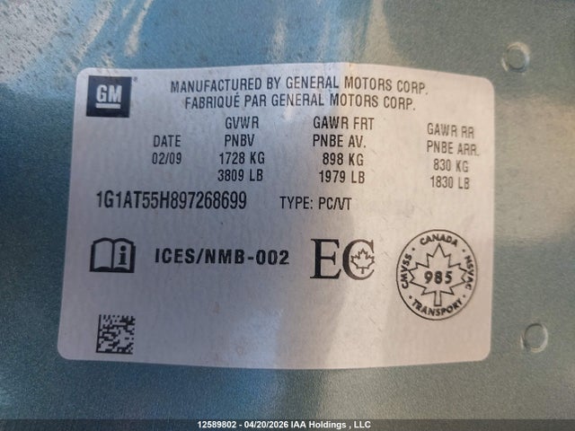 2009 Chevrolet Cobalt Lt მანქანა იყიდება აუქციონზე, vin: 1G1AT55H897268699, აუქციონის ნომერი: 12589802