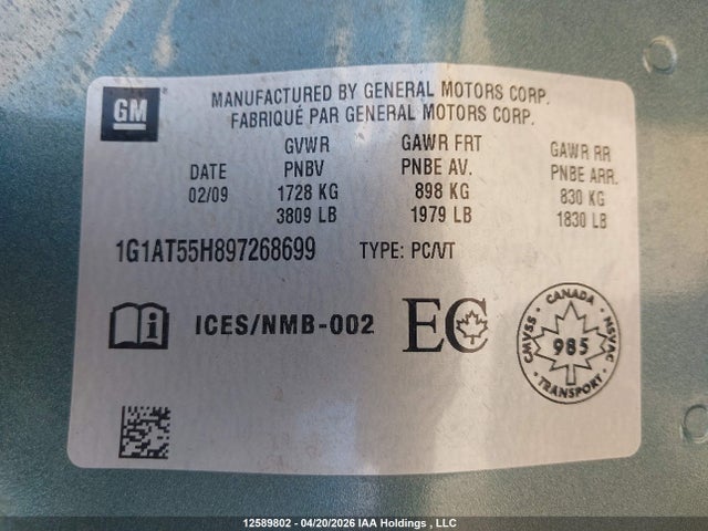 2009 Chevrolet Cobalt Lt მანქანა იყიდება აუქციონზე, vin: 1G1AT55H897268699, აუქციონის ნომერი: 12589802