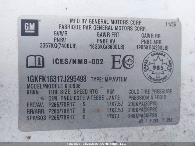 Aukcja sprzedaży 2007 Gmc Yukon Xl 1500 Sle/slt, vin: 1GKFK16317J295498, numer aukcji: 12575836