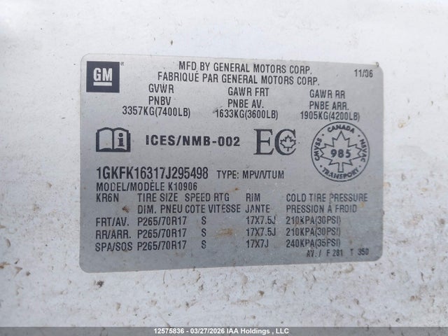 Aukcja sprzedaży 2007 Gmc Yukon Xl 1500 Sle/slt, vin: 1GKFK16317J295498, numer aukcji: 12575836