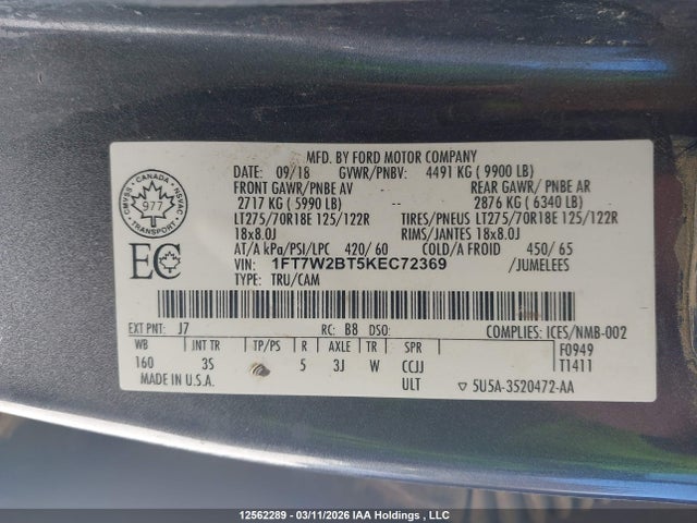 Aukcja sprzedaży 2019 Ford F-250 Xlt, vin: 1FT7W2BT5KEC72369, numer aukcji: 12562289