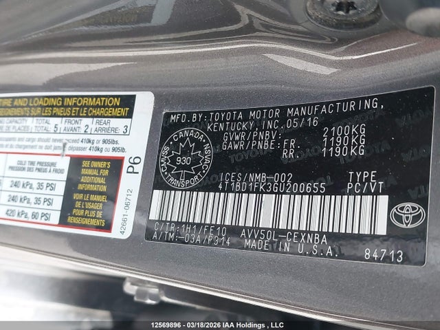 12569896 :رقم المزاد ، 4T1BD1FK3GU200655 vin ، 2016 Toyota Camry Hybrid Le مزاد بيع