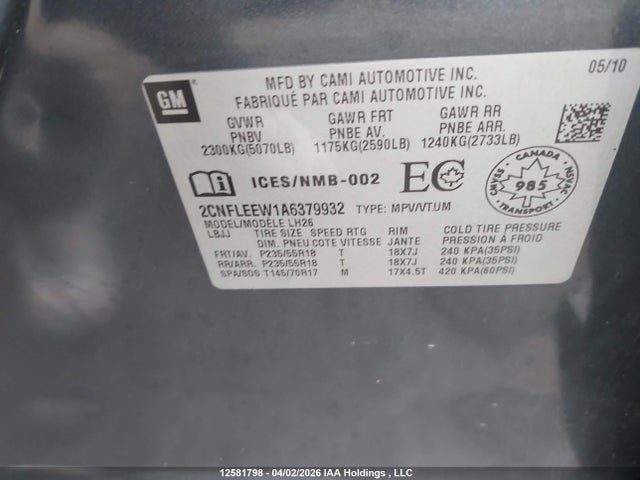 2010 Chevrolet Equinox Lt მანქანა იყიდება აუქციონზე, vin: 2CNFLEEW1A6379932, აუქციონის ნომერი: 12581798