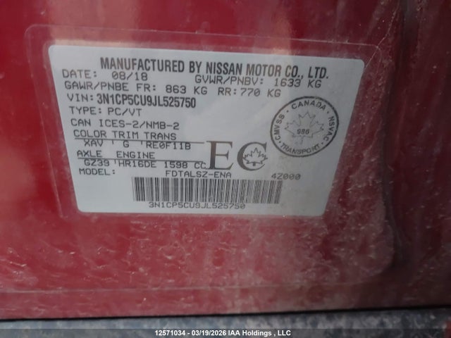 3N1CP5CU9JL525750 Nissan Kicks S/sr/sv