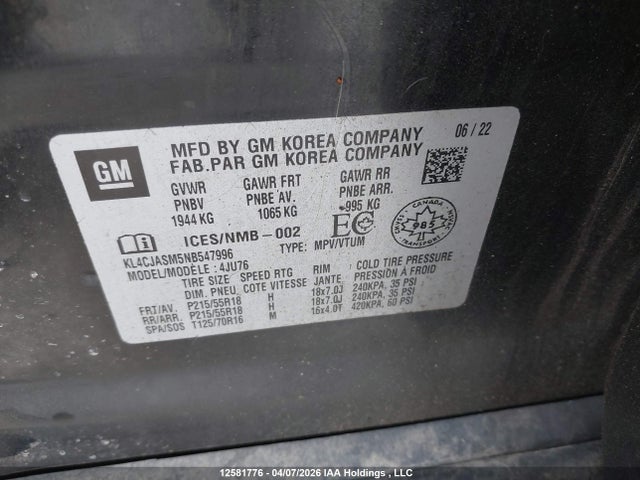 2022 Buick Encore Preferred მანქანა იყიდება აუქციონზე, vin: KL4CJASM5NB547996, აუქციონის ნომერი: 12581776