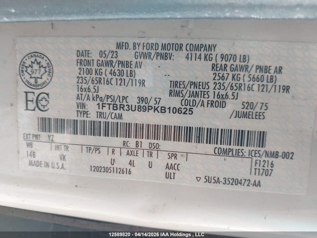 Aukcja sprzedaży 2023 Ford Transit T-250, vin: 1FTBR3U89PKB10625, numer aukcji: 12589820