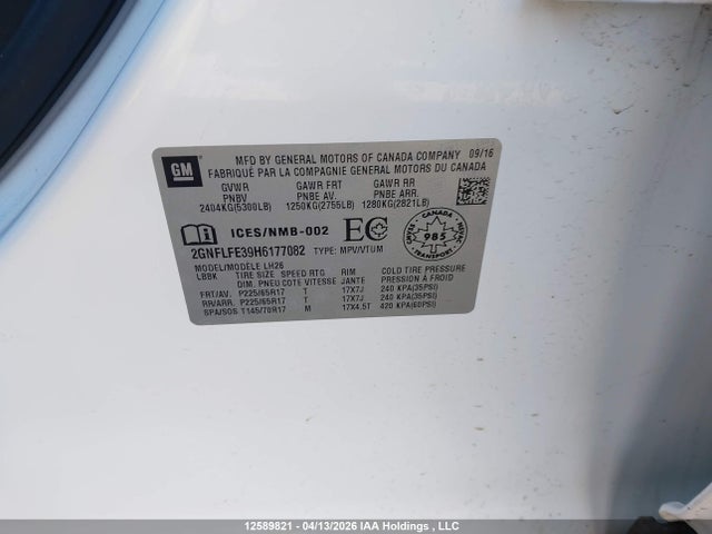 Aukcja sprzedaży 2017 Chevrolet Equinox Lt, vin: 2GNFLFE39H6177082, numer aukcji: 12589821