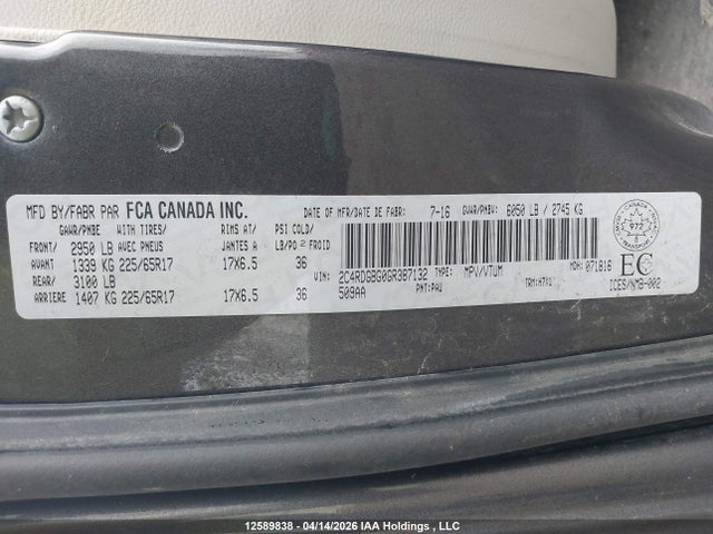 12589838 :رقم المزاد ، 2C4RDGBG0GR387132 vin ، 2016 Dodge Grand Caravan Se مزاد بيع