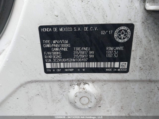 Aukcja sprzedaży 2017 Honda Hr-v Ex, vin: 3CZRU6H52HM106497, numer aukcji: 12589839