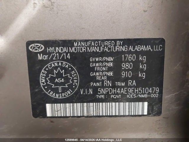 Aukcja sprzedaży 2014 Hyundai Elantra, vin: 5NPDH4AE9EH510479, numer aukcji: 12589845