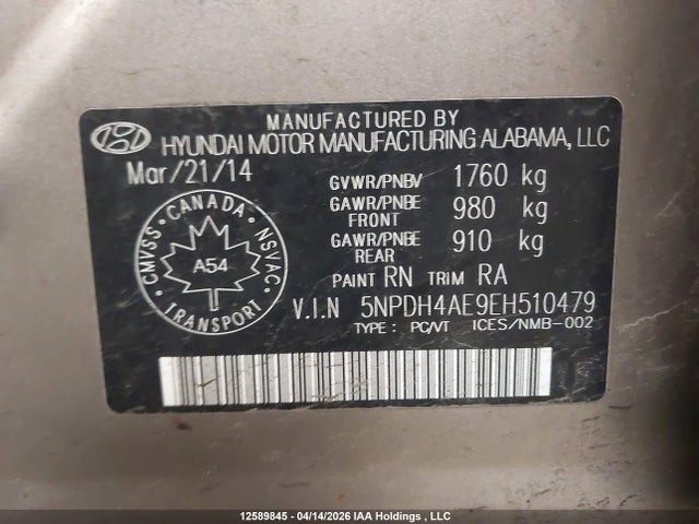 Aukcja sprzedaży 2014 Hyundai Elantra, vin: 5NPDH4AE9EH510479, numer aukcji: 12589845