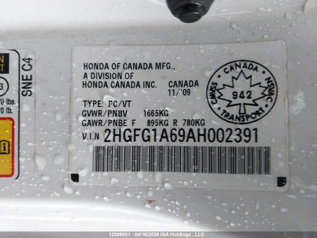 Aukcja sprzedaży 2010 Honda Civic, vin: 2HGFG1A69AH002391, numer aukcji: 12589851