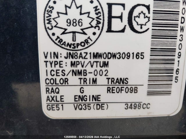 Продаж на аукціоні авто 2013 Nissan Murano Le/s/sl/sv, vin: JN8AZ1MW0DW309165, номер лоту: 12589858