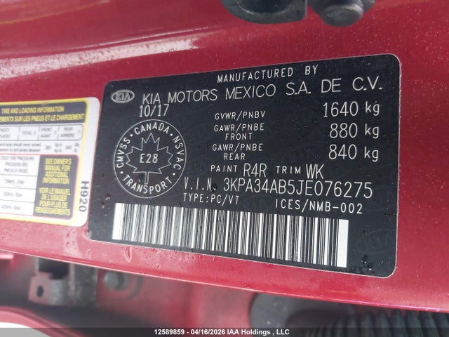 3KPA34AB5JE076275 KIA Rio Ex/ex Sport/ex Tech Navi