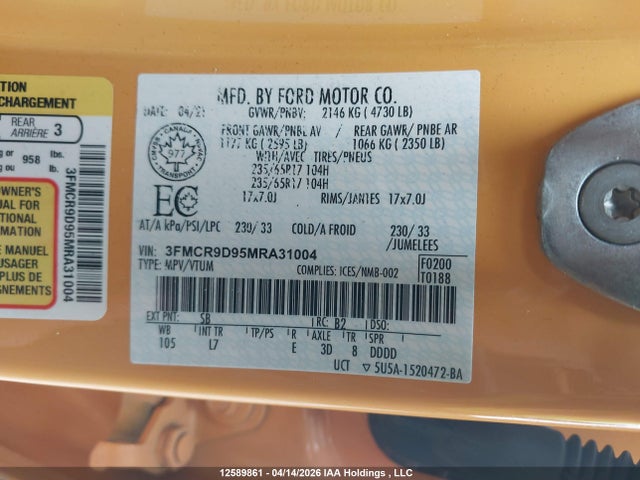 3FMCR9D95MRA31004 Ford Bronco Sport Badlands