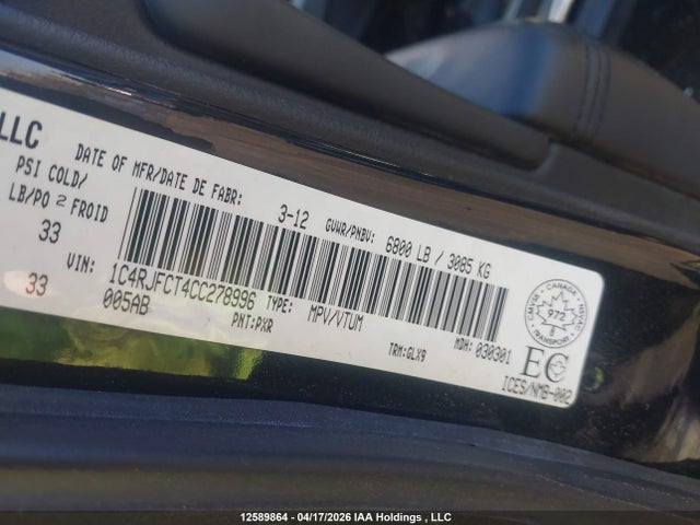 Продаж на аукціоні авто 2012 Jeep Grand Cherokee Overland, vin: 1C4RJFCT4CC278996, номер лоту: 12589864