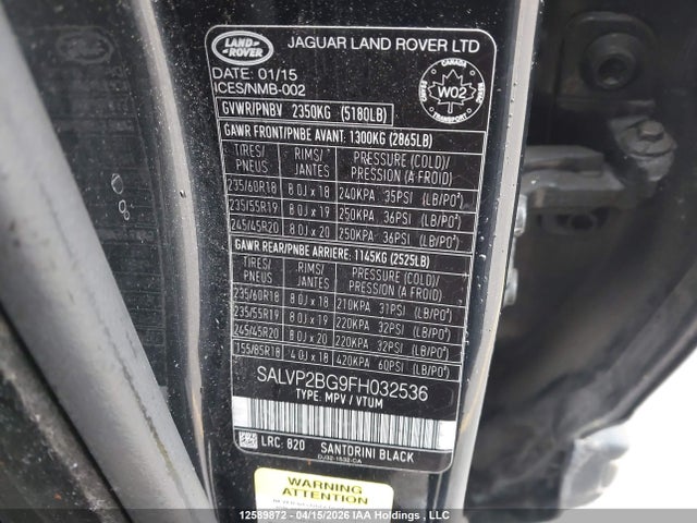 2015 Land Rover Range Rover Evoque Pure Plus მანქანა იყიდება აუქციონზე, vin: SALVP2BG9FH032536, აუქციონის ნომერი: 12589872