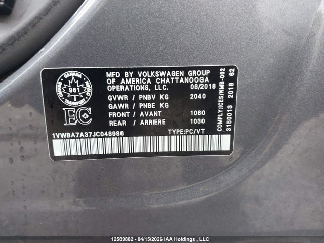 Продажа на аукционе авто 2018 Volkswagen Passat, vin: 1VWBA7A37JC048986, номер лота: 12589882