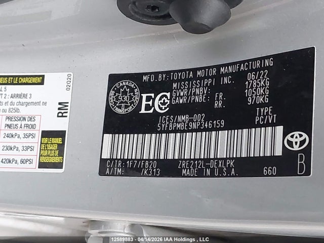 12589883 :رقم المزاد ، 5YFBPMBE9NP346159 vin ، 2022 Toyota Corolla مزاد بيع