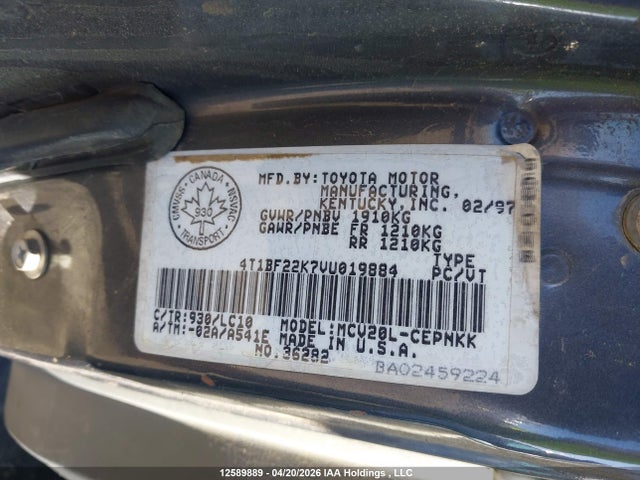 Auction sale of the 1997 Toyota Camry Ce V6/le V6/xle V6, vin: 4T1BF22K7VU019884, lot number: 12589889