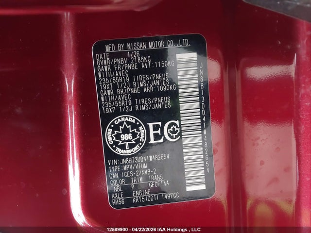 Aukcja sprzedaży 2026 Nissan Rogue Platinum, vin: JN8BT3DD4TW482654, numer aukcji: 12589900