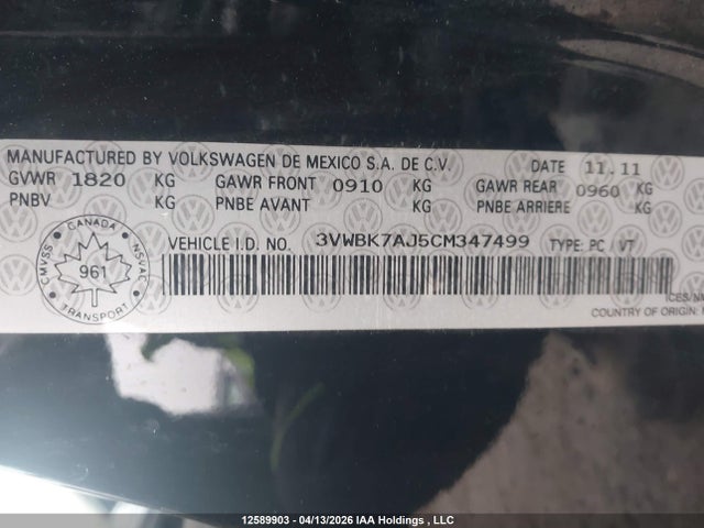 2012 Volkswagen Jetta 2.0l Comfortline მანქანა იყიდება აუქციონზე, vin: 3VWBK7AJ5CM347499, აუქციონის ნომერი: 12589903