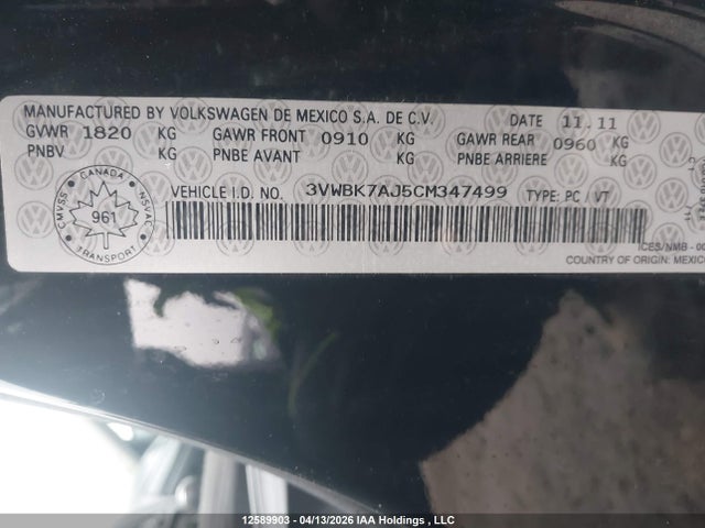 2012 Volkswagen Jetta 2.0l Comfortline მანქანა იყიდება აუქციონზე, vin: 3VWBK7AJ5CM347499, აუქციონის ნომერი: 12589903