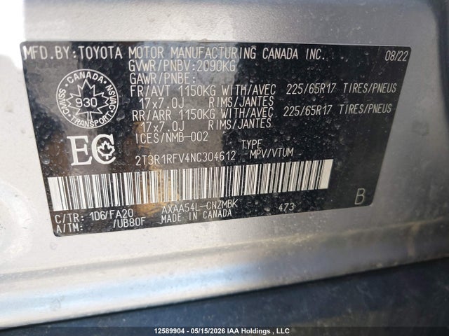 Продаж на аукціоні авто 2022 Toyota Rav4 Xle, vin: 2T3R1RFV4NC304612, номер лоту: 12589904